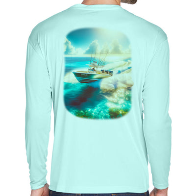 Triple Time Boating Performance Long Sleeve Shirt. Triple outboard offshore fishing boat traveling through turquoise waters of Florida.
