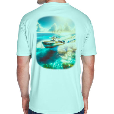Performance shirt showing Triple outboards on an offshore fishing boat traveling through turquoise waters of Florida.