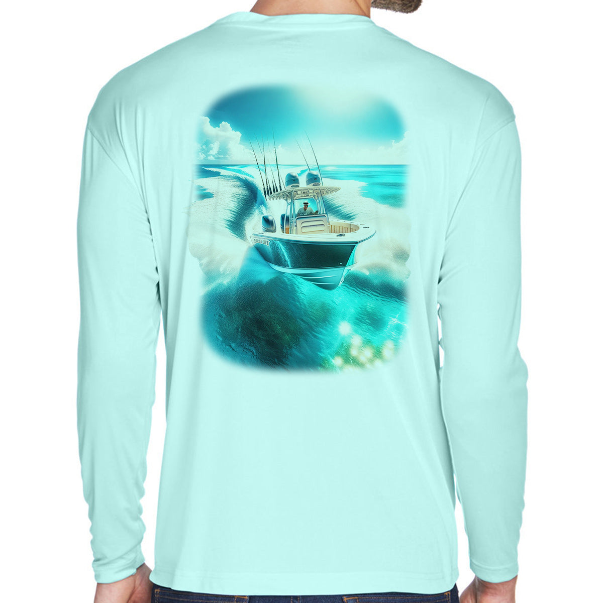 Searfrost Performance shirt. Full Throttle Boating Performance Shirt Closeup. SHowing a twin outboar dengine fishing boat going fast through the waters of Florida.