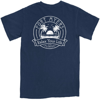 Fort Myers Relax Your Life Palm Tree T-Shirt Navy