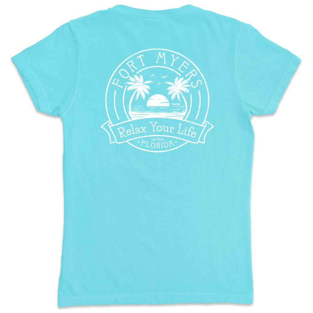 Women's Fort Myers Relax Your Life Palm Tree V-Neck T-Shirt Aqua