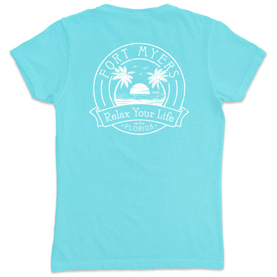 Women's Fort Myers Relax Your Life Palm Tree V-Neck T-Shirt Aqua
