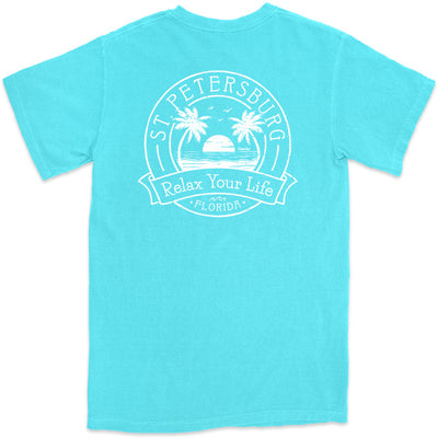 St. Petersburg Relax Your Life Palm Tree T-Shirt Lagoon Blue