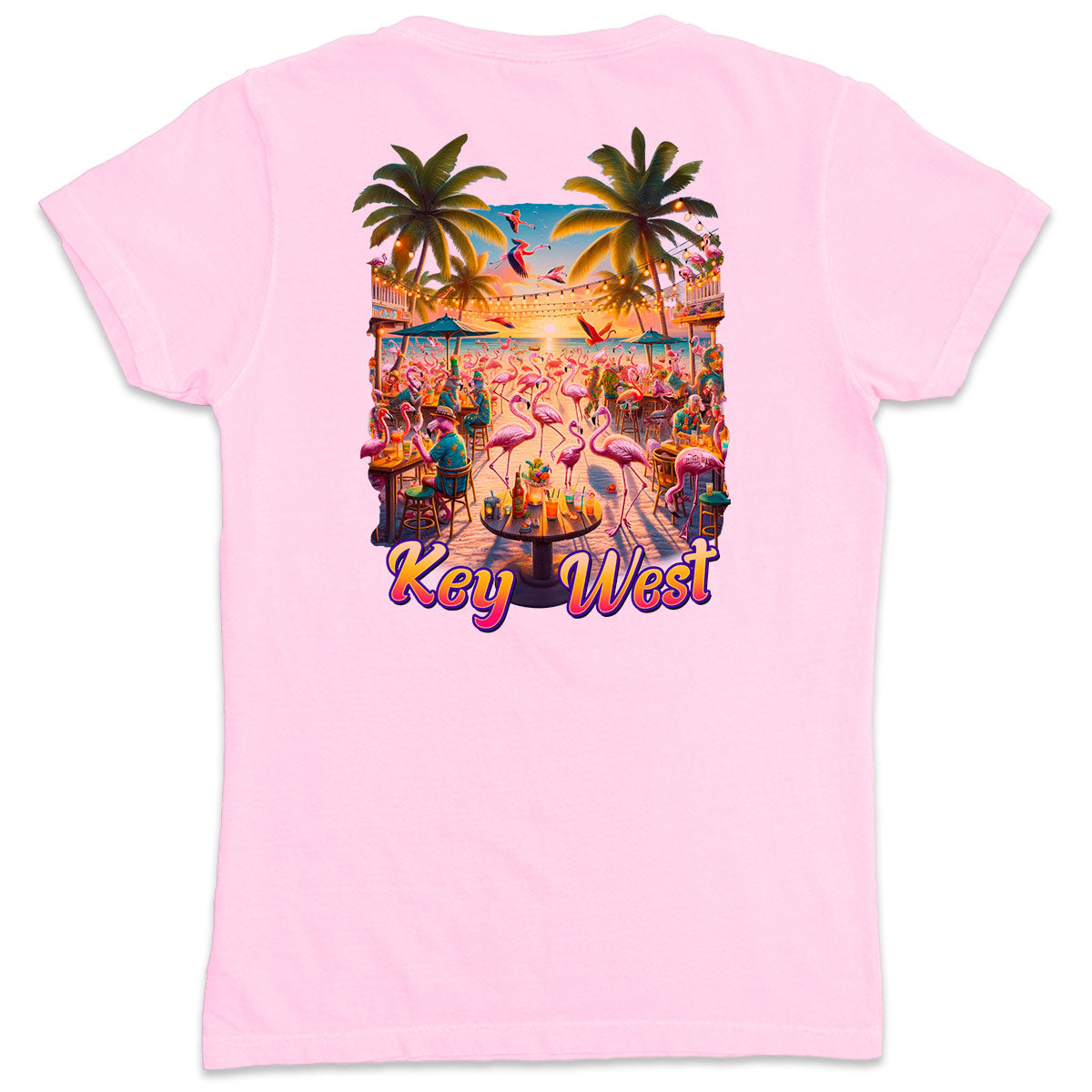 Women's Key West Flamingo Party V-Neck T-Shirt Light Pink. . Showing lots of flamingos having a party on the shores of key West. Drinking lots of concoctions and enjoying their time with friends.
