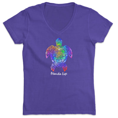 Women's Florida Life Tribal Turtle V-Neck T-Shirt Purple.