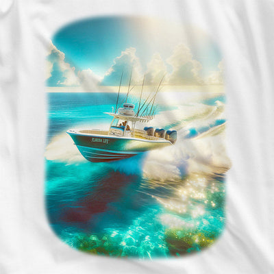 Triple Time Boating T-Shirt closeup. Showing a triple outboard engine pushing a fishing boat through the Florida Ocean.